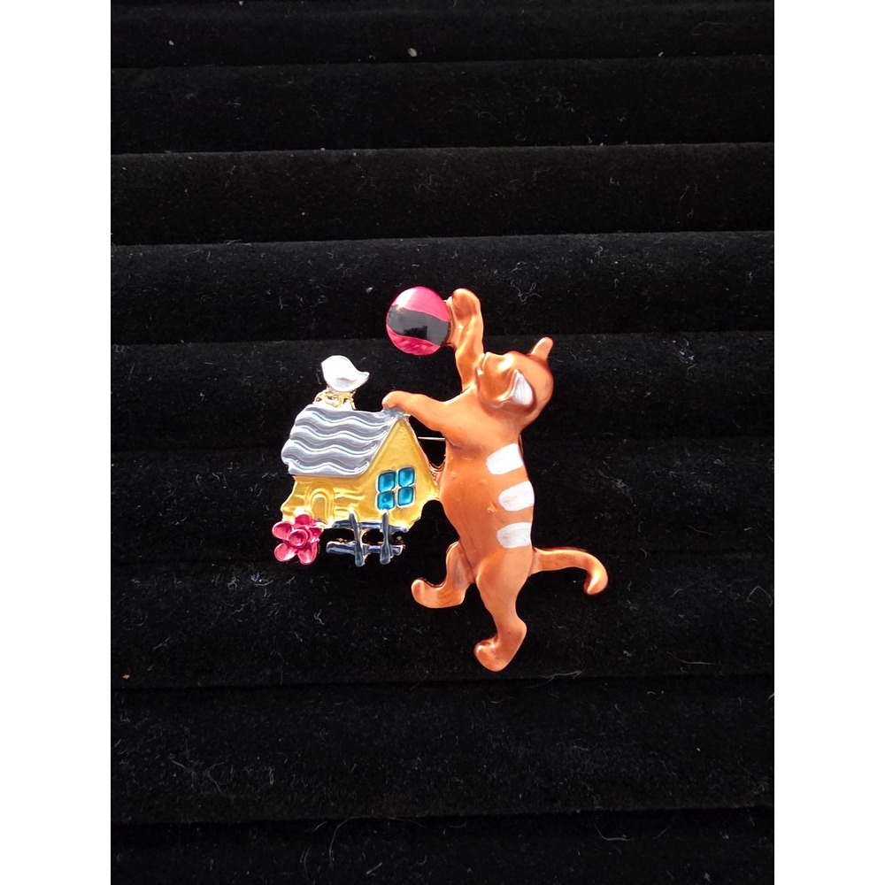 Orange Tabby Cat Birdhouse Enamel Brooch Gold Tone Animal Pin Whimsical Jewelry